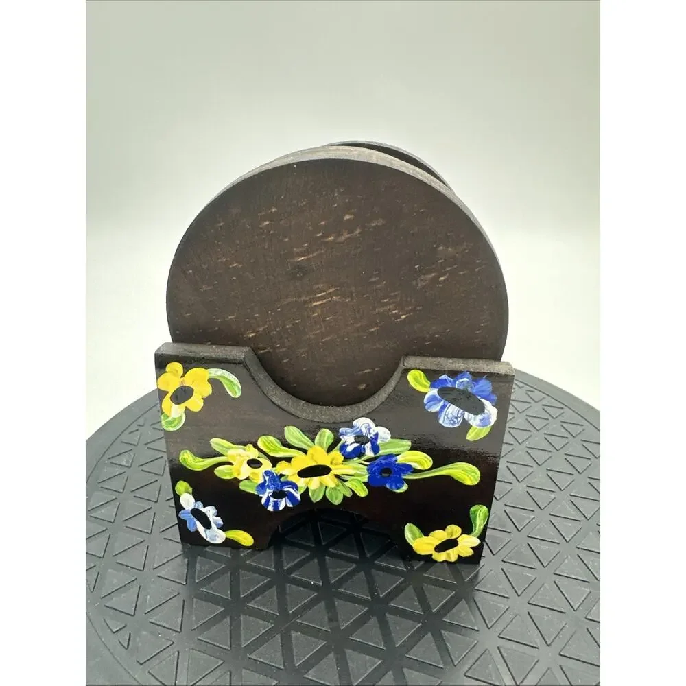 Hand Painted Lacquered Wood Coasters Hand Painter with Caddy Set Of 6